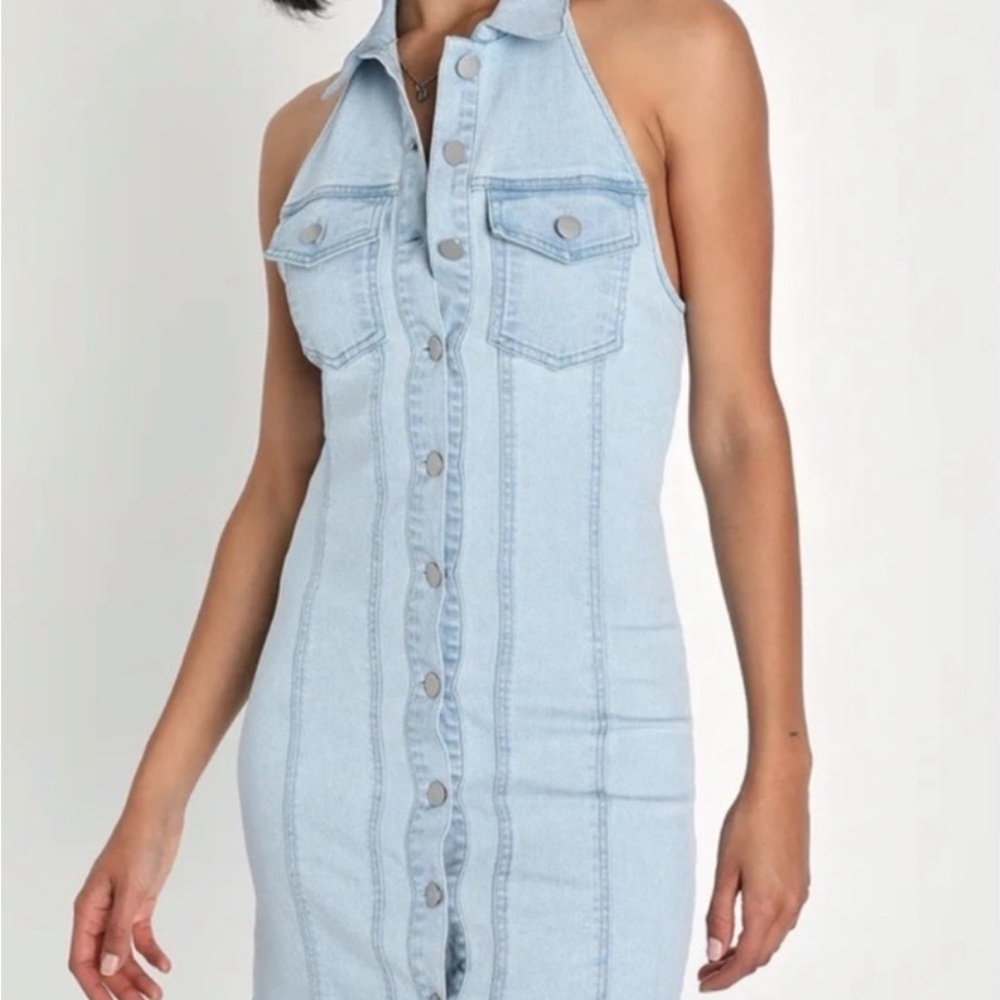 Lulu’s Light Wash Denim Halter Dress XS NWT